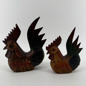 VTG Hand Carved Wood Rooster Chicken Mandalay Box Co Set of 2 Country Decor